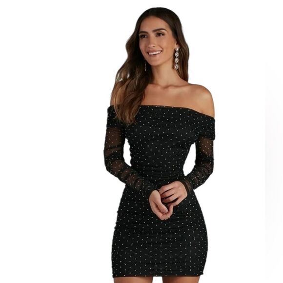 Windsor Aliya Heatstone Ruched Mesh Dress Off The Shoulder Neckline Holiday NYE - Picture 2 of 14